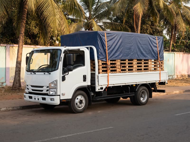 Camion de livraison chargé et sanglé, prêt à partir