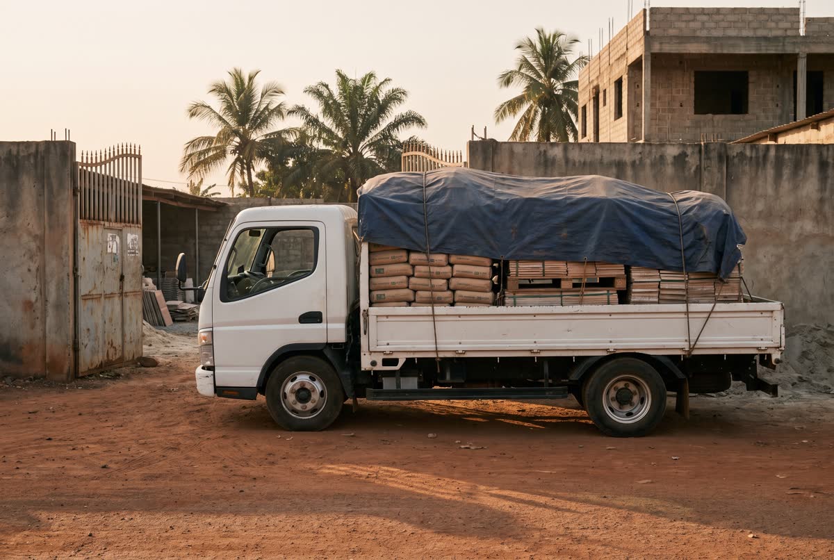 Camion chargé à la sortie du dépôt
