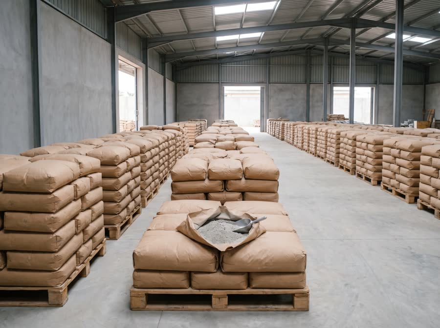 Rangées de palettes de sacs de ciment colle au dépôt