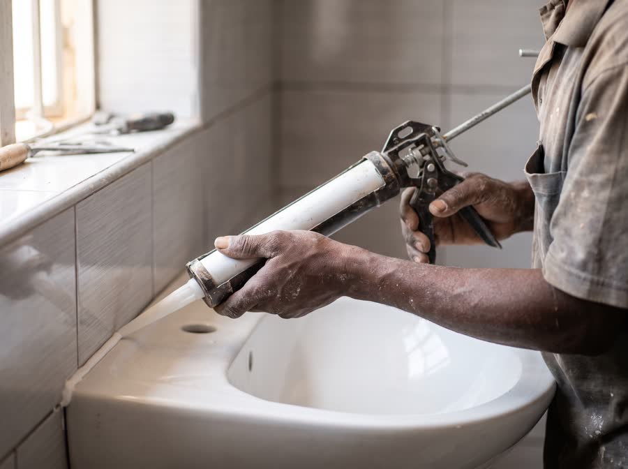 Pose d'un joint de mastic au pistolet le long d'un lavabo